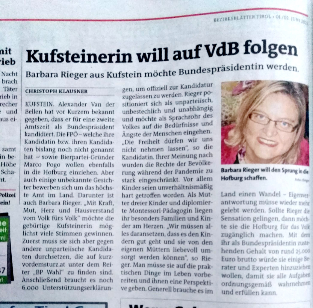 Barbara Rieger im Bezirksblatt Tirol
